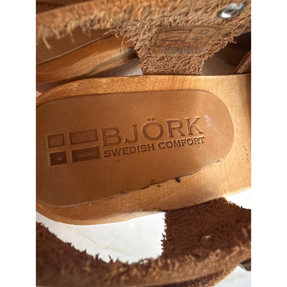 Bjork Clog Sandals Tan Leather T-Strap Swedish Comfort Wood Block Heel - Picture 4 of 7